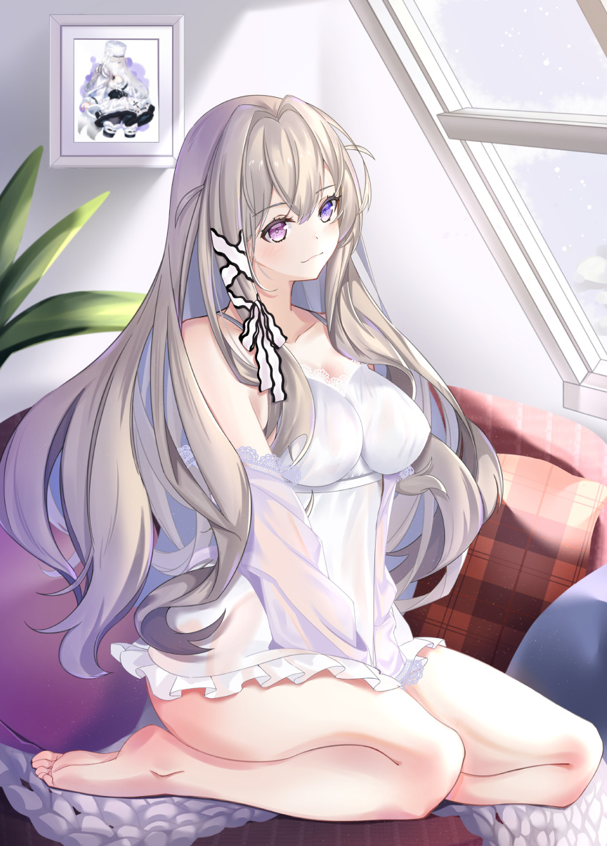 absurdres azur_lane bare_legs bare_shoulders barefoot blue_eyes blush breasts closed_mouth collarbone couch drawing_(object) female hair_ribbon hands_on_own_knees heterochromia highres indoors legs long_hair looking_at_viewer medium_breasts murmansk_(azur_lane) murmansk_(sceneries_of_pure_snow)_(azur_lane) nightgown official_alternate_costume pillow platinum_blonde_hair purple_eyes ribbon seiza simple_background sitting soles solo thighs white_nightgown white_ribbon window yoshitoki_(kisshin)