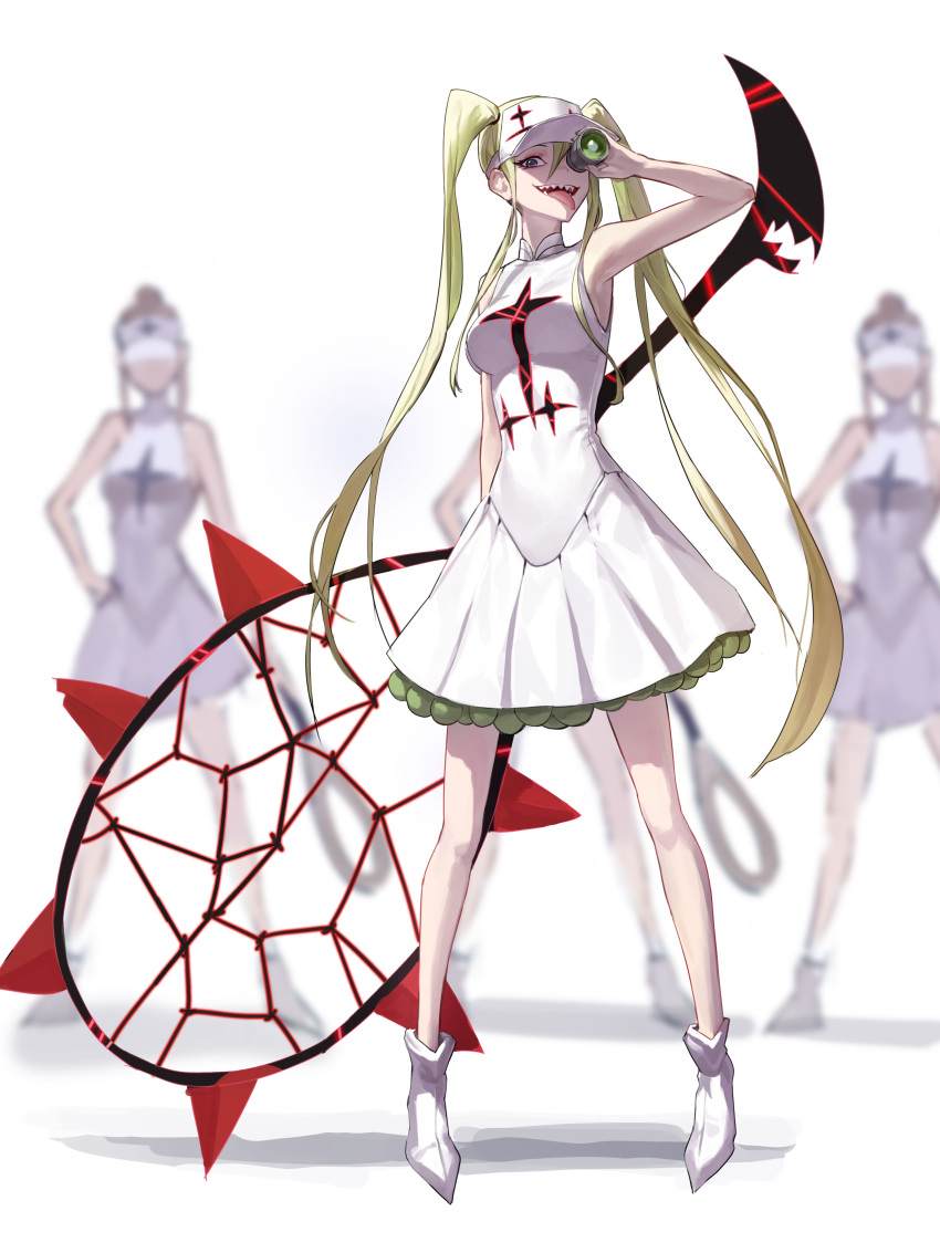 absurdres blonde_hair breasts commentary faceless faceless_female female full_body green_eyes hakodate_omiko highres kill_la_kill large_breasts long_hair looking_at_viewer mac_star original sharp_teeth sidelocks solo_focus sportswear standing teeth tennis_uniform tongue tongue_out twintails very_long_hair visor weapon white_footwear