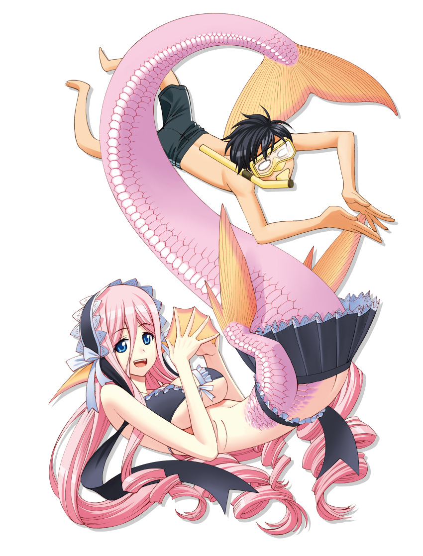 1boy absurdres bikini bikini_skirt black_hair black_shorts blank_eyes blue_eyes breasts butt_crack commentary_request cover_image diving_mask drill_hair female fingers_together fins frilled_bikini frilled_skirt frills front-tie_top gills goggles head_fins highres kneeless_mermaid kurusu_kimihito large_breasts long_hair looking_at_viewer mermaid meroune_lorelei miniskirt monster_girl monster_musume_no_iru_nichijou official_art okayado open_mouth pink_hair pleated_skirt pointy_ears scales short_hair shorts simple_background skirt smile swimsuit underboob very_long_hair webbed_hands white_background