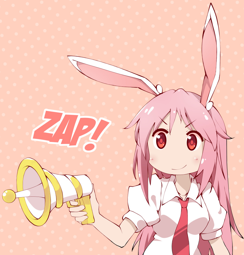 >:) absurdres animal_ears commentary english_commentary female gun highres long_hair majormilk necktie nonohara_yuzuko pink_background pink_hair rabbit_ears red_eyes red_necktie reisen_udongein_inaba shirt smile smirk solo sound_effects touhou v-shaped_eyebrows weapon white_shirt yuyushiki