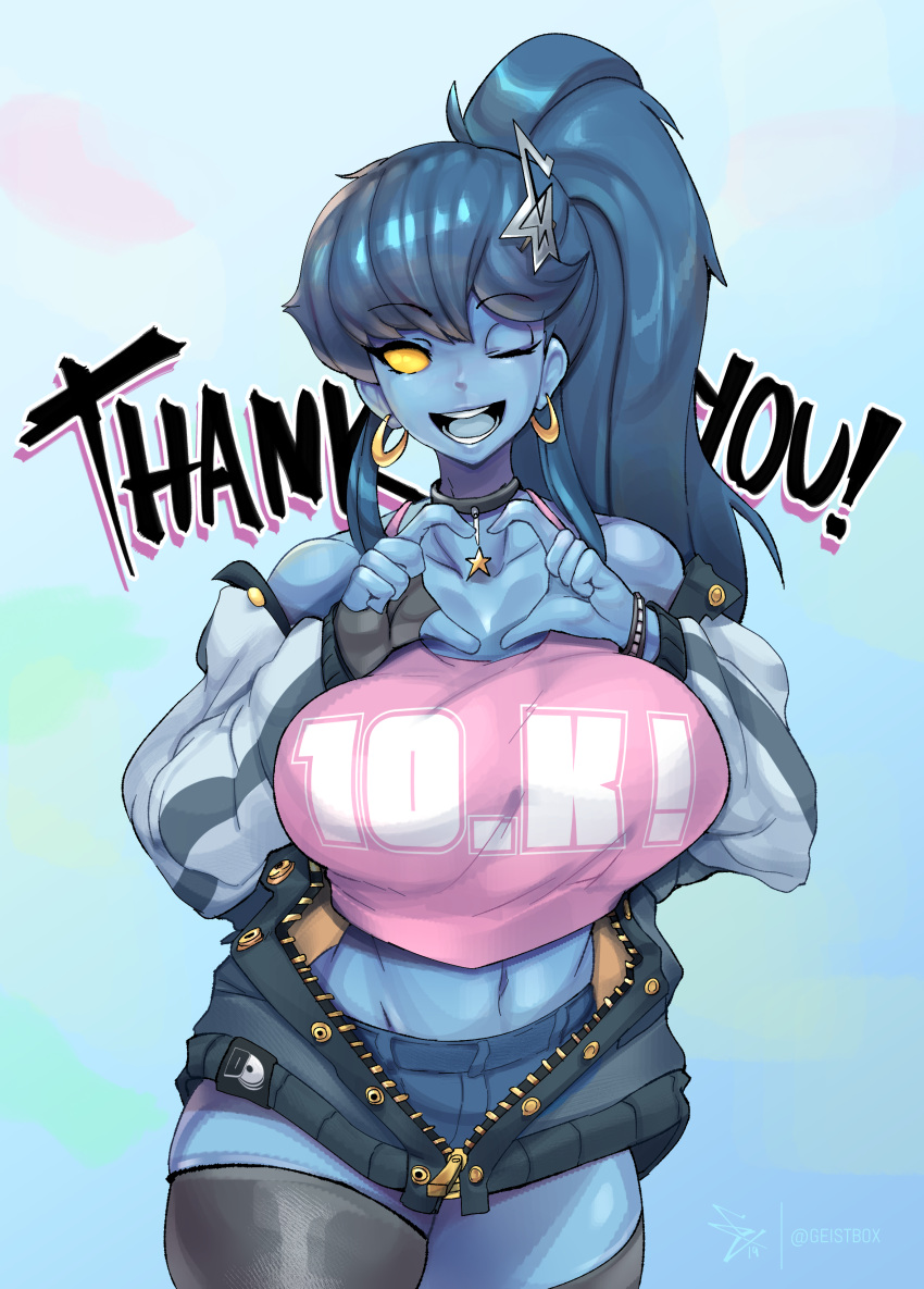 ;) absurdres black_choker black_thighhighs blue_background blue_hair blue_shorts blue_skin breasts choker clothes_writing collarbone colored_skin earrings english_commentary female geistbox hair_ornament heart heart_hair_ornament highres hoop_earrings huge_breasts jacket jewelry letterman_jacket long_hair looking_at_viewer midriff milestone_celebration off_shoulder one_eye_closed open_clothes open_jacket open_mouth original pandy_(geistbox) partially_unzipped pink_tank_top short_shorts shorts side_ponytail sidelocks signature smile solid_eyes solo star_(symbol) star_choker star_hair_ornament tank_top thank_you thick_thighs thighhighs thighs yellow_eyes zipper_pull_tab