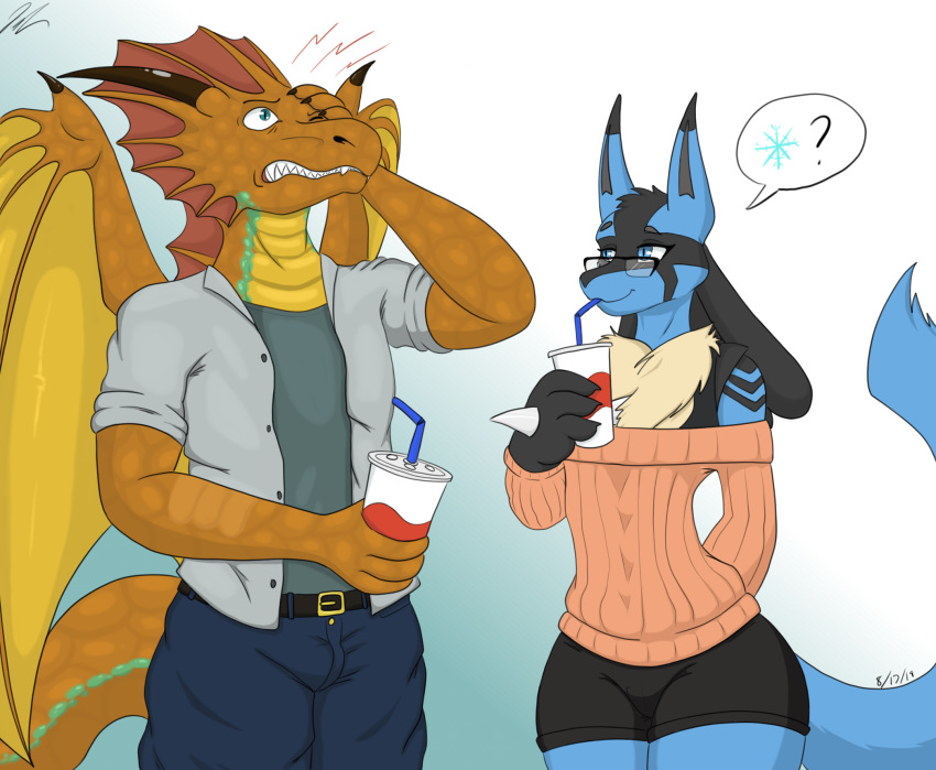 2019 anthro belt beverage blue_eyes bottomwear clothed clothing crossdressing denim denim_bottomwear denim_clothing digital_media_(artwork) dragon duo eyewear femboy generation_4_pokemon glasses hi_res humor jeans jeffthehusky lucario lucas_arynn male mythological_creature mythological_scalie mythology nintendo pants pokemon pokemon_(species) reptile scalie shorts shoulderless_sweater smile soda sweater tail teeth topwear wings