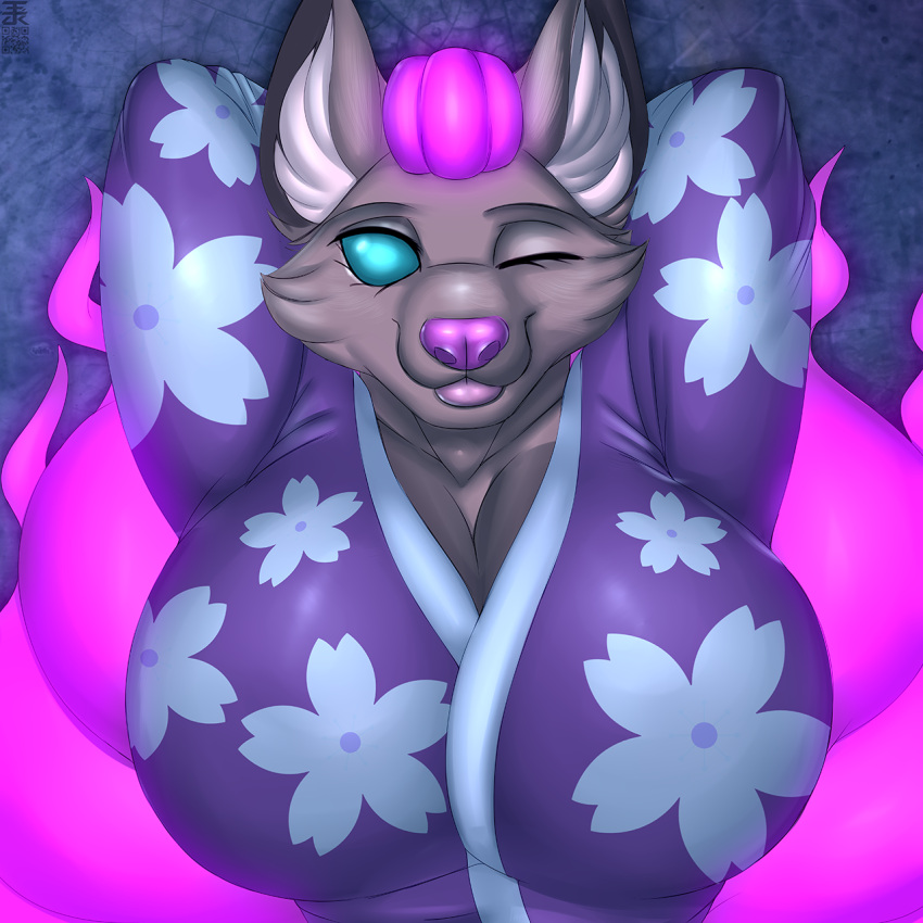 1:1 anthro asian_clothing big_breasts blue_eyes breasts canid canine clothed clothing east_asian_clothing female fox fur grey_body grey_fur hair hi_res huge_breasts japanese_clothing kimono mammal one_eye_closed pink_hair robe smile solo zi0808