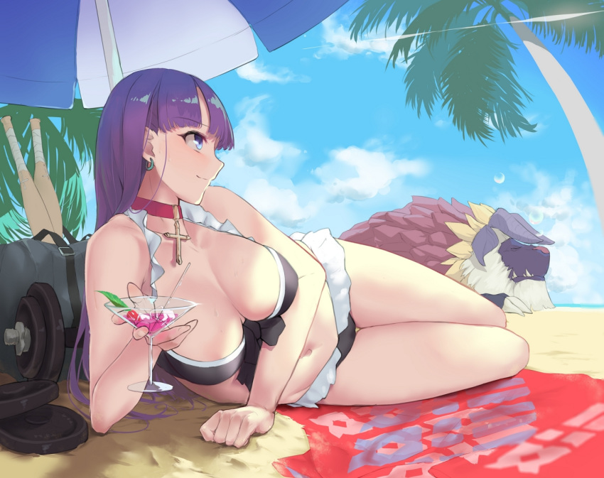 bare_shoulders beach beach_umbrella bikini black_bikini blue_eyes blue_sky blunt_bangs blush breasts choker cleavage closed_mouth cocktail_glass collarbone cross cross_choker cup day den_(kur0_yuki) drinking_glass dumbbell earrings fate/grand_order fate_(series) female frilled_bikini frills jewelry large_breasts long_hair martha_(fate) martha_(swimsuit_ruler)_(fate) martha_(swimsuit_ruler)_(first_ascension)_(fate) navel outdoors palm_tree purple_hair sarong sky sleeping smile swimsuit tarasque_(fate) thighs tree umbrella