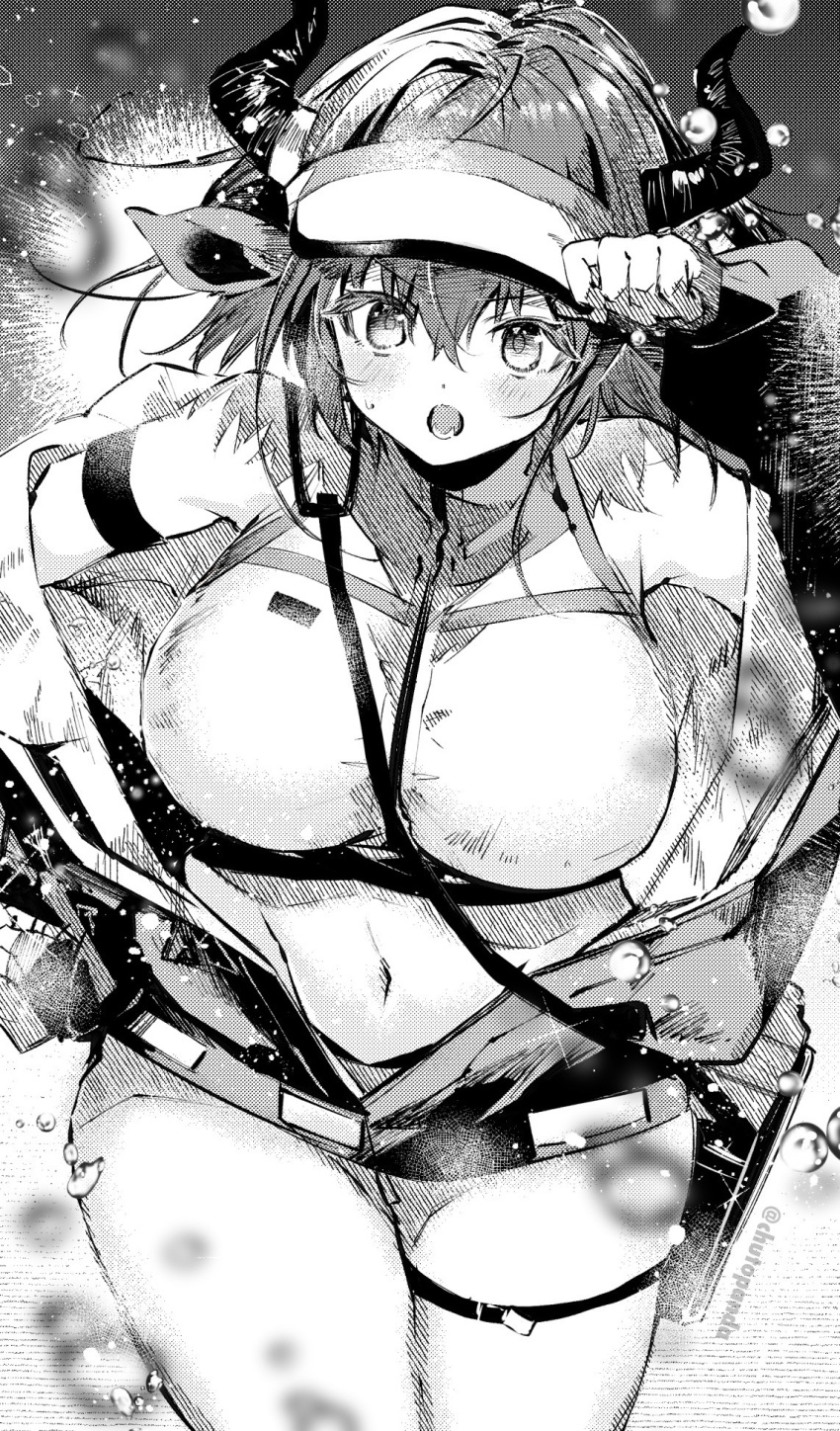 :o animal_ears arknights arm_strap arm_up ba_kanoko bag bare_shoulders blush breasts commentary cow_ears cow_girl cow_horns cowboy_shot female greyscale hand_on_headwear highres horns jacket large_breasts long_sleeves looking_at_viewer monochrome navel off_shoulder official_alternate_costume open_clothes open_jacket open_mouth shoulder_bag sideroca_(arknights) sideroca_(light_breeze)_(arknights) solo symbol-only_commentary thigh_strap v-shaped_eyebrows visor_cap