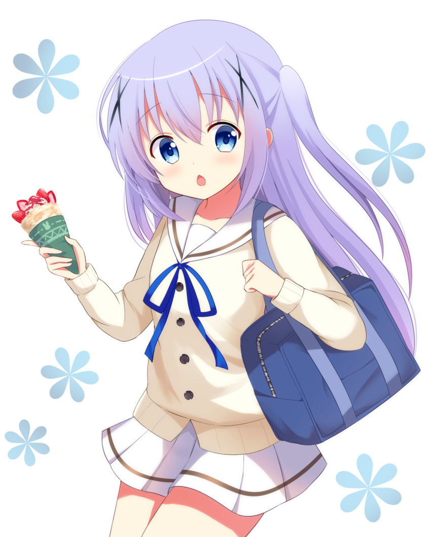 :o bag blue_eyes blue_hair blue_ribbon blush chestnut_mouth commentary crepe female food furutori gochuumon_wa_usagi_desu_ka? hair_ornament highres kafuu_chino long_hair long_sleeves open_mouth pleated_skirt ribbon sailor_collar school_bag school_uniform serafuku shoulder_bag skirt solo sweater white_background white_sailor_collar white_skirt x_hair_ornament