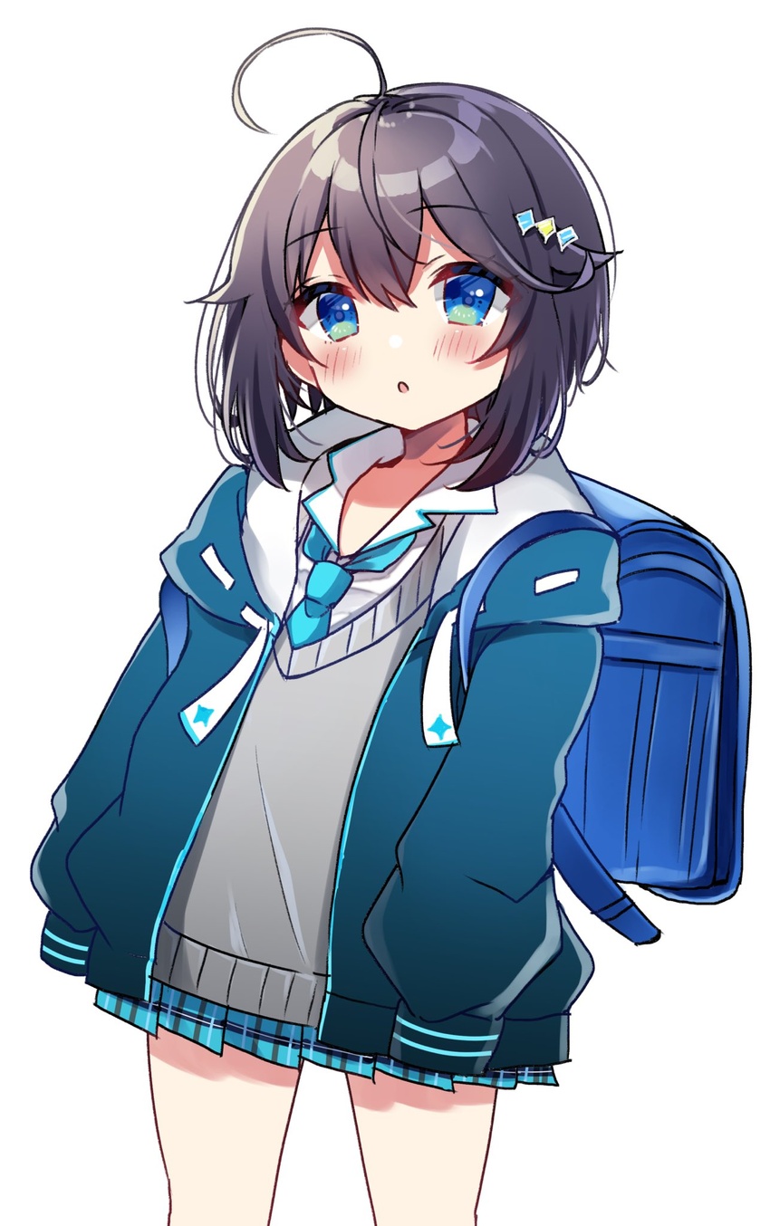 :o ahoge backpack bag black_hair blue_bag blue_eyes blue_jacket blue_necktie blue_skirt blush collared_shirt commentary_request cowboy_shot drawstring female hair_between_eyes hair_flaps hair_ornament highres hood hood_down hooded_jacket jacket long_sleeves looking_at_viewer minami_saki necktie nijisanji open_clothes open_jacket parted_lips plaid plaid_skirt pleated_skirt puffy_long_sleeves puffy_sleeves randoseru ribbon-trimmed_hood ribbon_trim shirt short_hair simple_background skirt sleeves_past_fingers sleeves_past_wrists solo sorahoshi_kirame sweater_vest virtual_youtuber white_background white_shirt