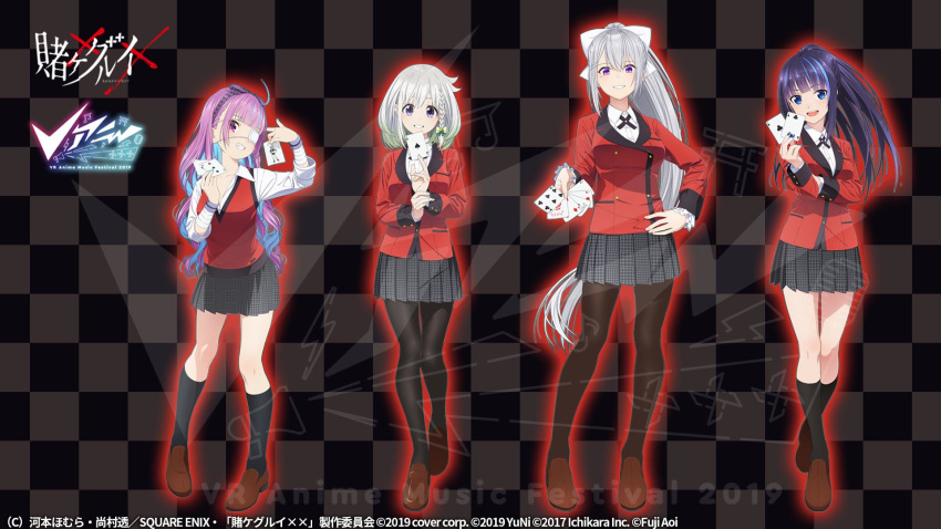 4girls ahoge alternate_costume aoi_ch. arm_under_breasts black_legwear blazer blue_hair blunt_bangs bow braid breasts brown_footwear buttons card checkered_background collared_shirt commentary_request copyright_name copyright_notice cosplay costume_switch cross_tie crossover dated eyepatch fuji_aoi full_body hairbow hand_on_own_hip highres higuchi_kaede holding holding_card hololive hyakkaou_academy_school_uniform ikishima_midari ikishima_midari_(cosplay) jabami_yumeko jabami_yumeko_(cosplay) jacket kakegurui knees logo long_hair looking_at_viewer medium_breasts medium_hair minato_aqua miniskirt mole mole_under_eye momobami_kirari momobami_kirari_(cosplay) multicolored_hair multiple_crossover multiple_girls nijisanji official_art open_mouth pantyhose playing_card ponytail purple_eyes purple_hair red_jacket saotome_mary saotome_mary_(cosplay) school_uniform shirt shoes single_braid skirt smile socks standing sweater_vest teeth thighs two-tone_hair very_long_hair virtual_youtuber watermark white_hair white_headwear white_shirt yuni_(yuni_channel) yuni_channel