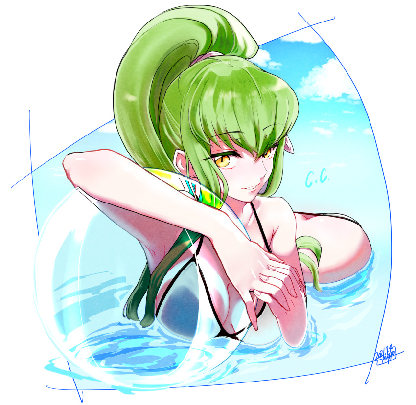 2021 absurdres ass ball beachball bikini breasts butt_crack c.c. character_name cleavage code_geass collarbone dated female green_hair hair_between_eyes halterneck high_ponytail highres large_breasts long_hair looking_at_viewer md5_mismatch noppo parted_lips partially_submerged sideboob signature solo summer swimsuit very_long_hair white_bikini yellow_eyes