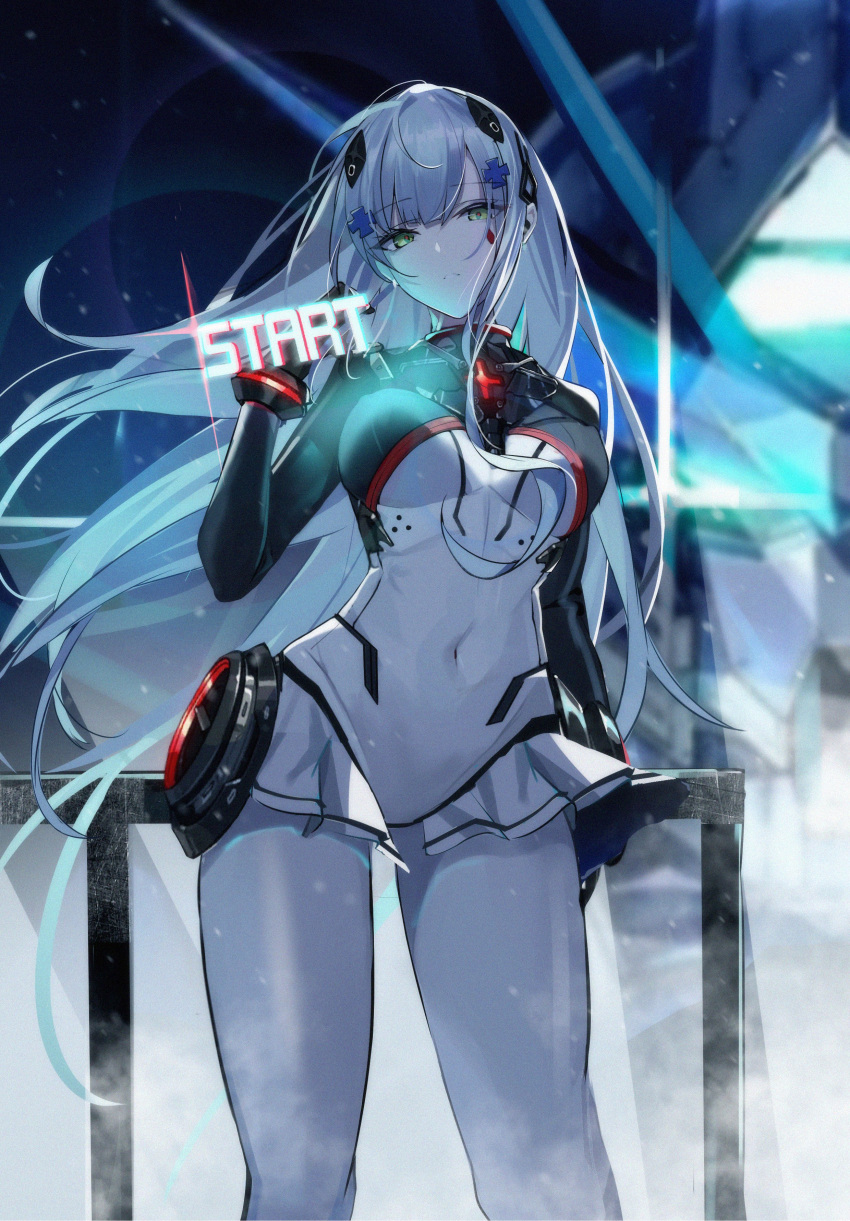 absurdres blue_hair changpan_hutao covered_navel facial_mark feet_out_of_frame female girls'_frontline green_eyes hair_ornament head_tilt highres hk416_(girls'_frontline) hk416_(midnight_evangelion)_(girls'_frontline) light_blue_hair long_hair looking_at_viewer official_alternate_costume parted_lips science_fiction solo two-tone_bodysuit very_long_hair x_hair_ornament