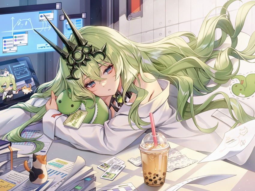 absurdres bare_shoulders blue_eyes bubble_tea commentary computer desk doll_hug female green_hair happy_birthday highres honkai_(series) honkai_impact_3rd klein_(honkai_impact) labcoat laptop long_hair looking_at_viewer mobius_(honkai_impact) object_hug off_shoulder slit_pupils solo stuffed_snake tiara tomogy very_long_hair