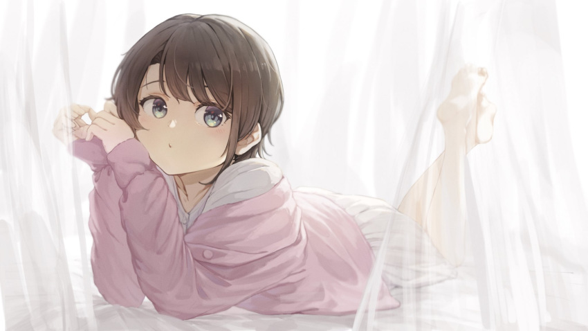 alternate_costume barefoot black_hair blush collarbone commentary_request curtains eyebrows_hidden_by_hair female green_eyes highres hololive kanoe_(tatsukanoe) looking_at_viewer lying on_bed on_stomach oozora_subaru pink_sweater shirt short_hair soles solo sweater swept_bangs the_pose virtual_youtuber white_shirt