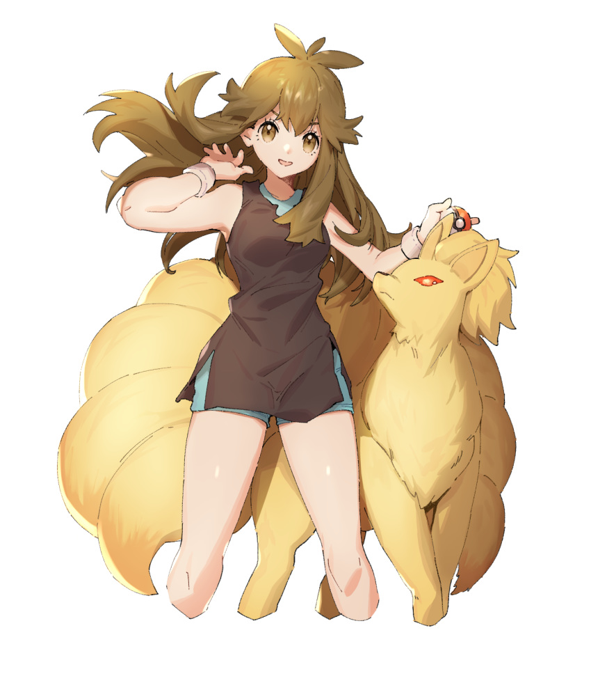 :d ankea_(a-ramo-do) black_dress blue_shorts brown_eyes brown_hair cropped_legs dress female floating_hair green_(pokemon) highres holding holding_poke_ball long_hair looking_at_viewer ninetales open_mouth poke_ball poke_ball_(basic) pokemon pokemon_(creature) pokemon_lgpe red_eyes short_dress short_shorts shorts simple_background sleeveless sleeveless_dress smile standing very_long_hair white_background