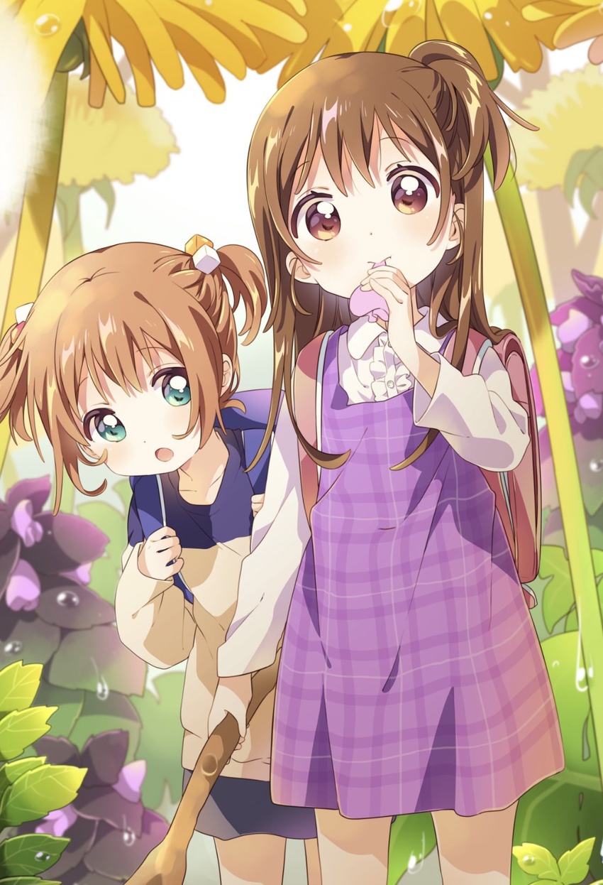 2girls backpack bag branch brown_eyes brown_hair brown_shirt center_frills collarbone commentary cube_hair_ornament dandelion dew_drop dress dress_shirt eating_flower eshi_100_nin_ten field flower flower_field frilled_shirt frills green_eyes hair_ornament head_tilt highres holding holding_branch lolicon long_hair long_sleeves looking_at_viewer miniskirt multicolored_shirt multiple_girls namori one_side_up open_mouth original pinafore_dress pink_bag plaid plaid_dress purple_bag purple_dress purple_shirt purple_skirt shirt short_twintails skirt sleeveless sleeveless_dress standing twintails two-tone_shirt water_drop