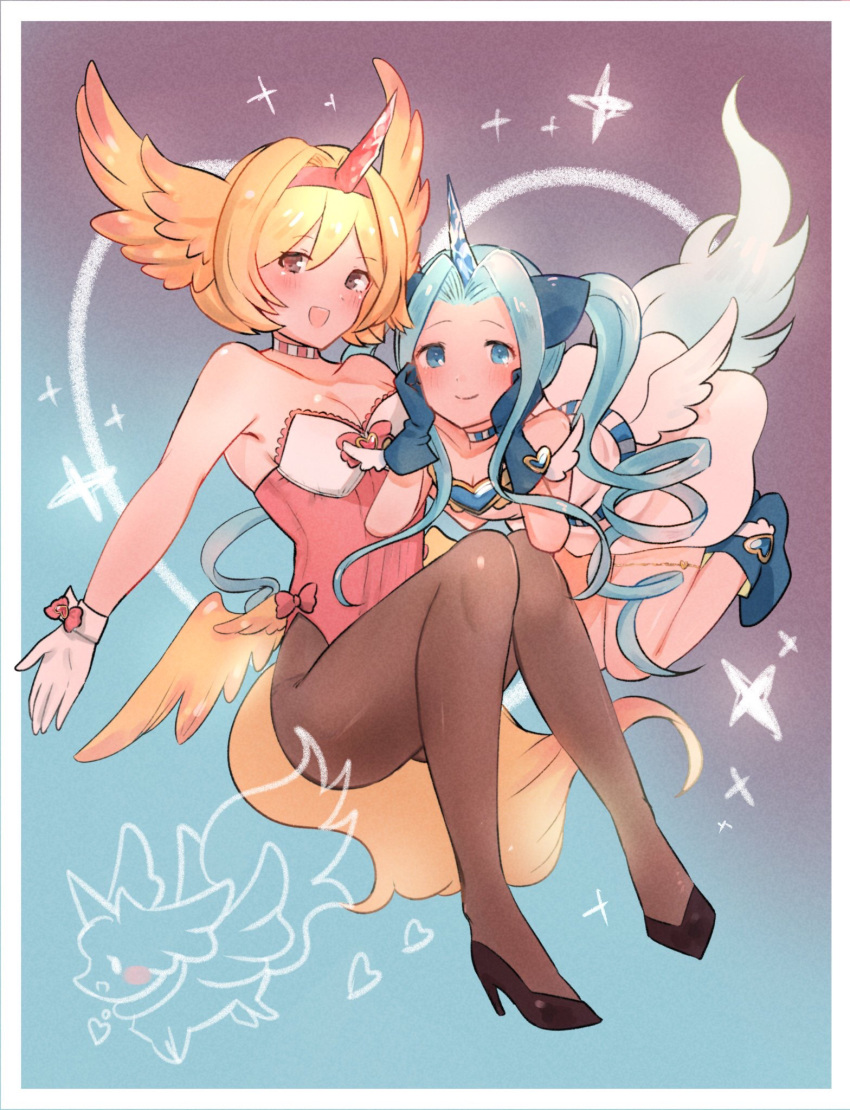 2girls adapted_costume alternate_costume bare_shoulders blonde_hair blue_eyes blue_hair brown_eyes carbuncle_(granblue_fantasy) carbuncle_(granblue_fantasy)_(cosplay) choker cosplay djeeta_(granblue_fantasy) drill_hair feathered_wings gloves granblue_fantasy head_wings high_heels highres horns long_hair lyria_(granblue_fantasy) multiple_girls nakonbu pantyhose playboy_bunny short_hair sidelocks single_horn tail very_long_hair wings