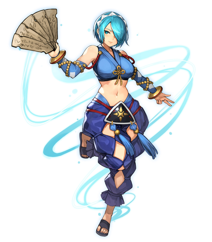 alternate_costume argyle_cutout bare_shoulders black_footwear blue_eyes blue_hair bracelet breasts closed_mouth clothing_cutout commission cosplay detached_sleeves female fire_emblem fire_emblem_fates full_body gurimjang hair_over_one_eye hairband highres holding jewelry large_breasts leg_up long_sleeves looking_at_viewer midriff narrow_waist navel orochi_(fire_emblem) orochi_(fire_emblem)_(cosplay) pixiv_commission sandals setsuna_(fire_emblem) short_hair simple_background smile solo standing standing_on_one_leg stomach tassel white_background white_hairband