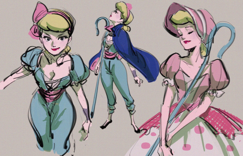 3girls beige_background blonde_hair blue_cape bo_peep_(toy_story) breasts cape closed_eyes commentary dress dual_persona expressionless frilled_sleeves frills full_body hair_ribbon hairband hat highres holding holding_staff light_smile looking_away looking_up masso medium_breasts multiple_girls multiple_views pink_dress pink_hairband pink_headwear pink_ribbon polka_dot polka_dot_dress profile puffy_short_sleeves puffy_sleeves red_lips ribbon short_hair short_sleeves simple_background smile staff standing toy_story upper_body v-shaped_eyebrows