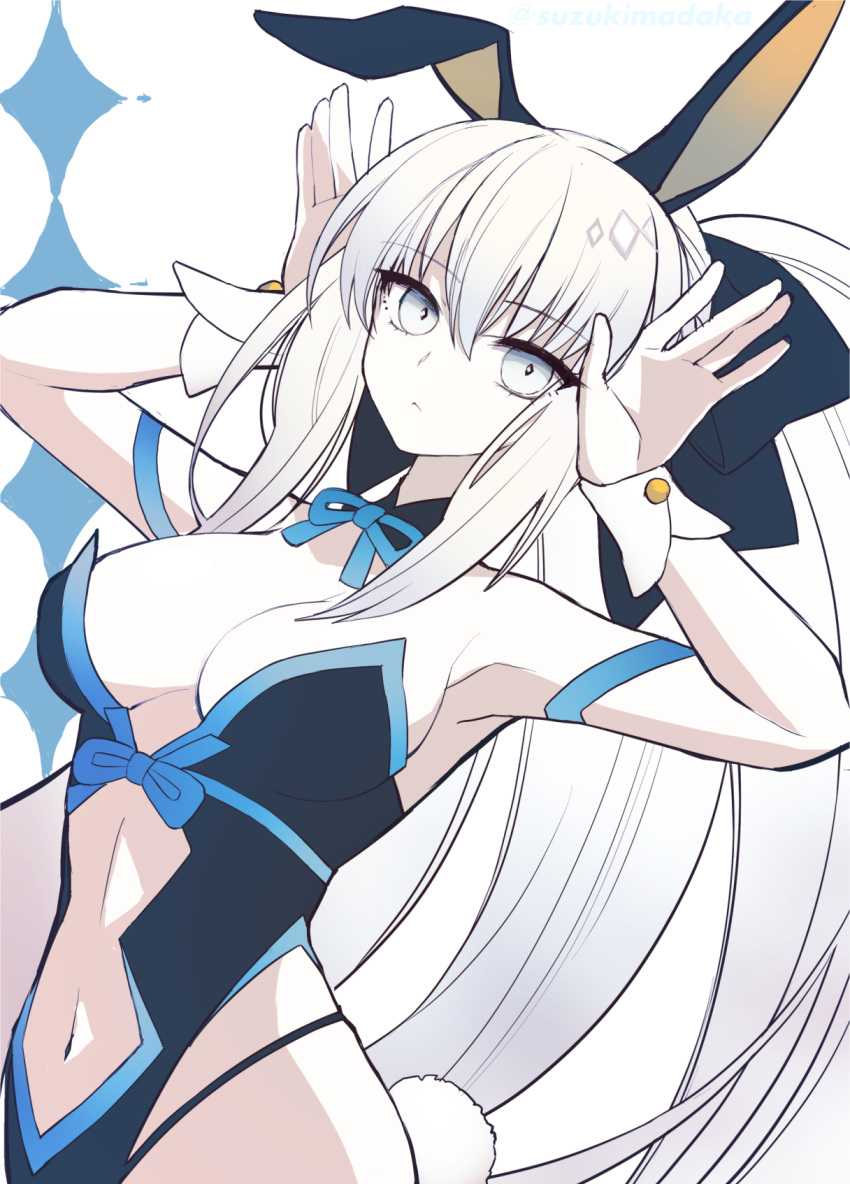 animal_ears bare_shoulders black_bow black_leotard blue_eyes blue_leotard bow breasts center_opening cleavage detached_collar fake_animal_ears fate/grand_order fate_(series) female grey_hair hairbow highleg highleg_leotard highres large_breasts leotard long_hair looking_at_viewer morgan_le_fay_(fate) navel playboy_bunny ponytail rabbit_ears rabbit_tail sidelocks solo suzukimadaka tail two-tone_leotard very_long_hair wrist_cuffs