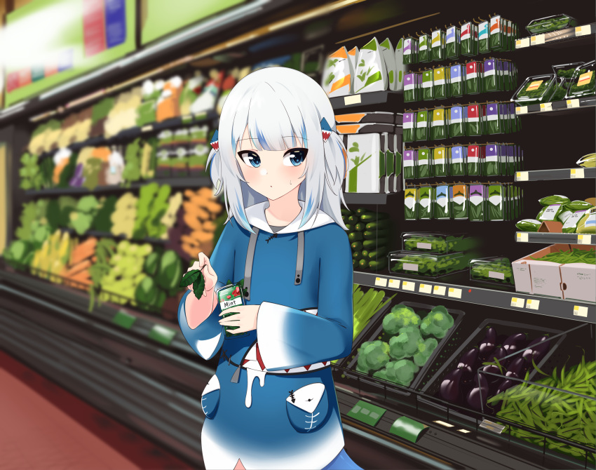 :o blue_eyes blue_hair blush box broccoli carrot commentary english_commentary female fins fish_tail flat_chest gawr_gura gawr_gura_(1st_costume) green_bean grey_hair highres holding holding_box hololive hololive_english looking_to_the_side medium_hair mint multicolored_hair nano_(nanojyaa) open_mouth shark_tail solo streaked_hair supermarket tail theft two_side_up virtual_youtuber