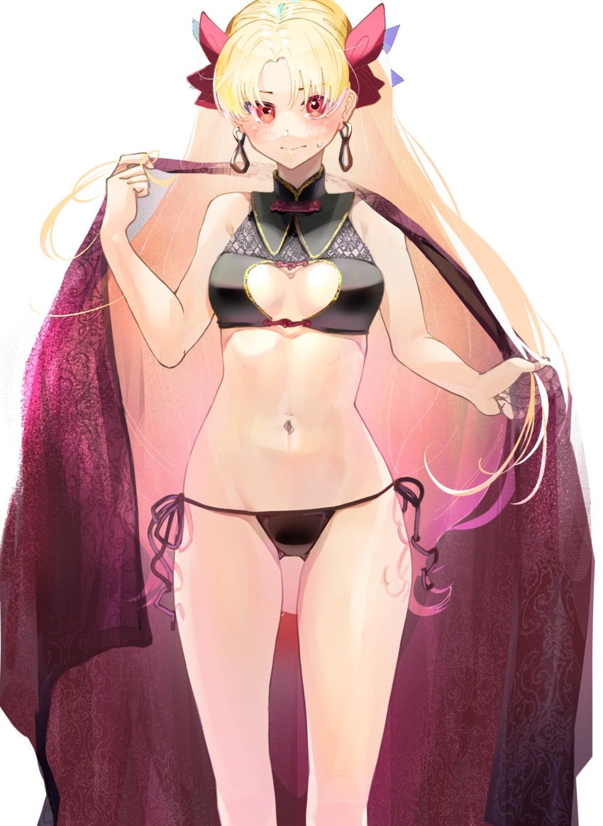 adapted_costume bad_id bad_twitter_id bikini black_sarong blonde_hair blush bow breasts closed_mouth commentary cowboy_shot earrings ereshkigal_(fate) ereshkigal_(youming_niangniang)_(fate) fate/grand_order fate_(series) female hairbow highres iris_(tb33064667) jewelry long_hair looking_at_viewer medium_breasts navel parted_bangs red_bow red_eyes sarong side-tie_bikini_bottom smile solo sweatdrop swimsuit two_side_up very_long_hair vietnamese_clothes vietnamese_dress