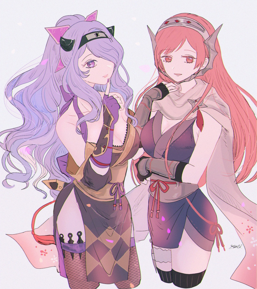 2girls bare_shoulders black_gloves breasts camilla_(fire_emblem) camilla_(ninja)_(fire_emblem) cape cherche_(fire_emblem) cherche_(ninja)_(fire_emblem) cleavage collarbone finger_to_mouth fingerless_gloves fire_emblem fire_emblem_awakening fire_emblem_fates fire_emblem_heroes fishnets floral_print gloves hair_over_one_eye headband highres kunai long_hair medium_breasts multiple_girls nail_polish ninja official_alternate_costume official_alternate_hairstyle parted_bangs parted_lips pelvic_curtain ponytail purple_eyes purple_hair purple_nails red_eyes red_hair sasaki_(dkenpisss) sheath shuriken_hair_ornament sidelocks thighhighs wavy_hair weapon wrist_guards