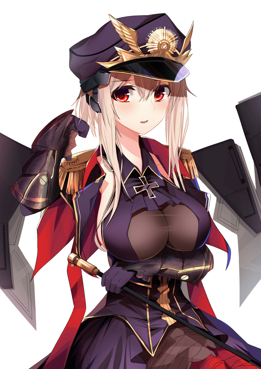 absurdres blonde_hair blue_oath blush breasts cane cleavage cross cross_necklace female gauntlets hand_up hat highres jewelry large_breasts long_hair looking_at_viewer military military_hat military_uniform necklace open_mouth prinz_eugen_(blue_oath) red_eyes solo u4a uniform white_background