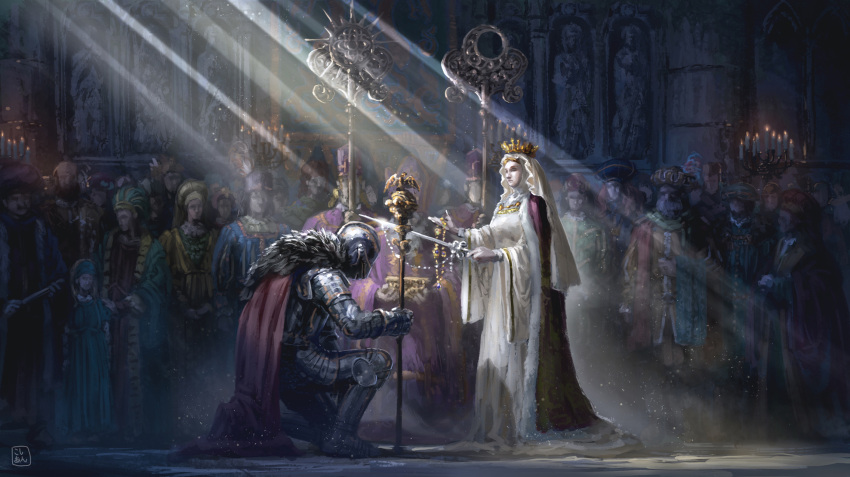 armor candle cape church commentary crowd crown fantasy fur_trim helmet highres holding indoors knight knighting kosian light_rays on_one_knee original plate_armor queen sunbeam sunlight sword weapon wide_sleeves