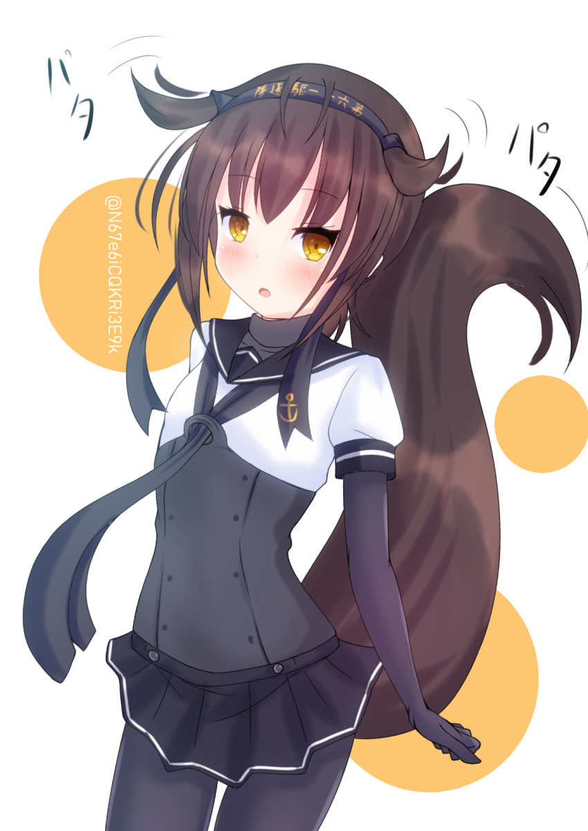 :o blush bodysuit brown_eyes brown_hair corset female hachimaki hair_flaps hatsuzuki_(kancolle) headband highres kantai_collection kemonomimi_mode nakatsurugi_(kasegawa_makase) neckerchief one-hour_drawing_challenge open_mouth puffy_short_sleeves puffy_sleeves short_ponytail short_sleeves sidelocks skirt tail