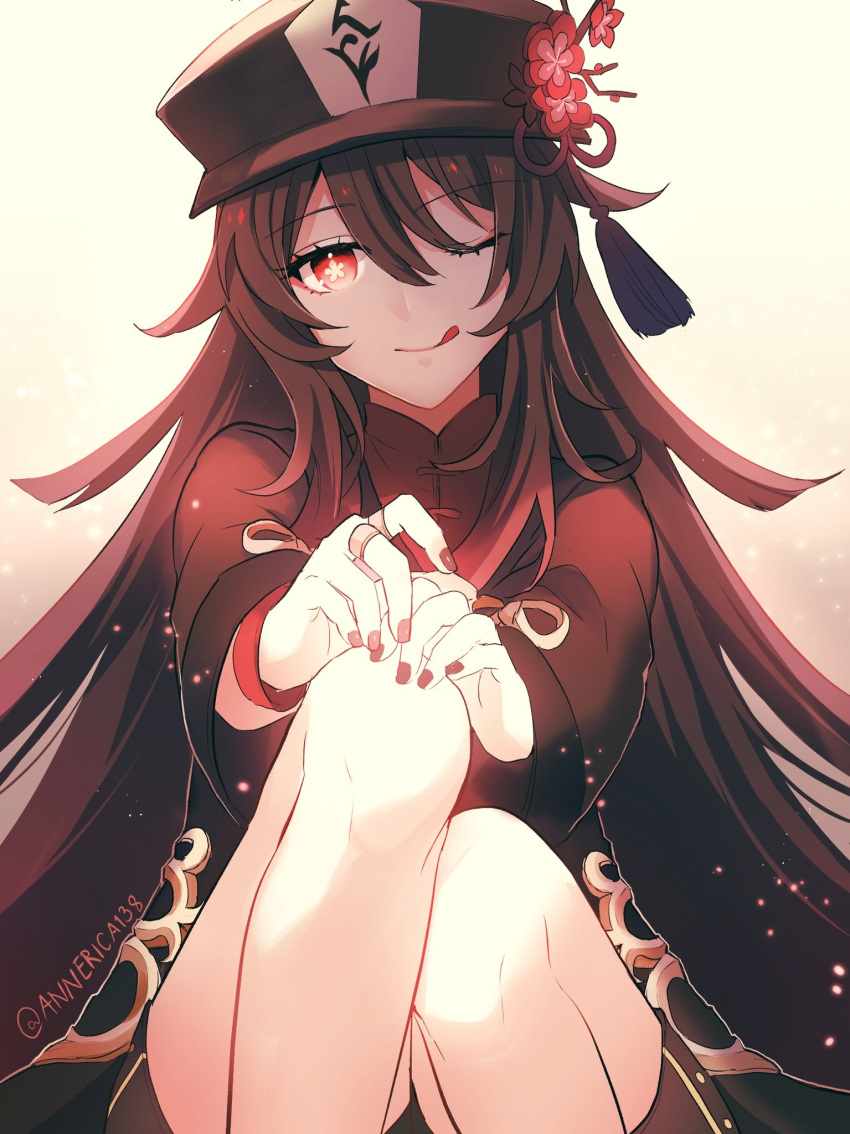 annerica black_coat black_hat black_shorts blush breasts brown_hair coat female flower genshin_impact hat hat_flower highres hu_tao_(genshin_impact) knees_up licking_lips long_hair long_sleeves looking_at_viewer one_eye_closed plum_blossoms red_eyes shorts sitting small_breasts smile solo symbol-shaped_pupils thighs tongue tongue_out twintails very_long_hair