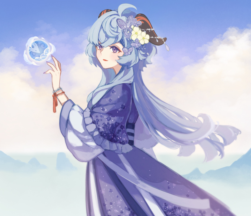 absurdres ahoge bad_id bad_pixiv_id blue_hair blush bug butterfly chinese_clothes cloud cloudy_sky female flower ganyu_(genshin_impact) genshin_impact hair_flower hair_ornament hanfu highres horns light_smile long_hair looking_at_viewer low_ponytail orb parted_lips purple_eyes qingxin_flower ria_(yfvv_ria) robe sidelocks sky solo white_flower