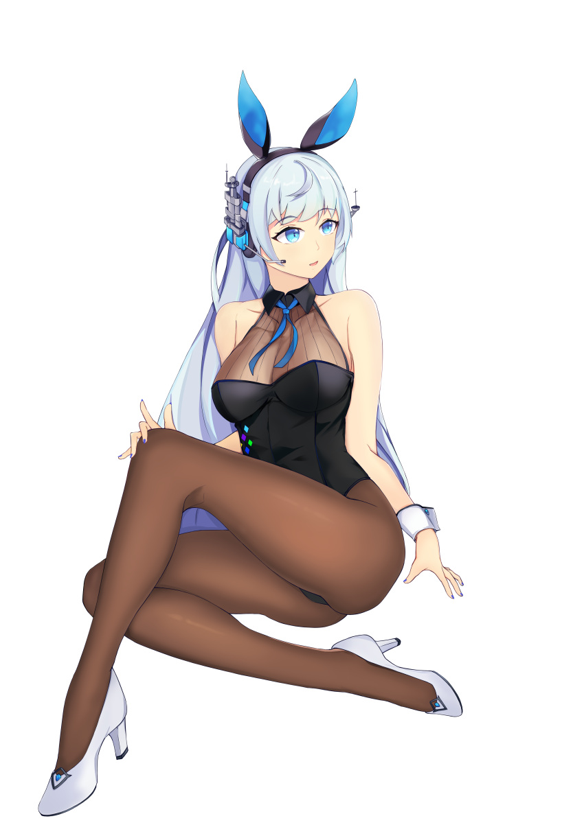 absurdres animal_ears black_leotard blue_eyes blue_hair blue_nails breasts brown_pantyhose fake_animal_ears female guam_(warship_girls_r) headphones high_heels highleg highleg_leotard highres leotard light_blue_hair long_hair medium_breasts pantyhose pixiv33907122 playboy_bunny rabbit_ears simple_background solo very_long_hair warship_girls_r white_background white_footwear wrist_cuffs