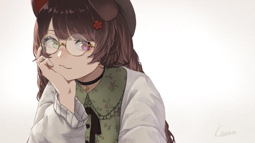 :3 animal_ears bespectacled black_choker braid brown_hair choker dog_ears dog_girl eyebrows_hidden_by_hair female flower glasses green_eyes grey_sweater hair_flower hair_ornament hand_on_own_face heterochromia highres inui_toko kanoe_(tatsukanoe) leaning_forward long_hair nijisanji official_alternate_costume official_alternate_hairstyle purple_eyes red_eyes round_eyewear signature smile solo sweater twin_braids upper_body virtual_youtuber white_background yellow_eyes