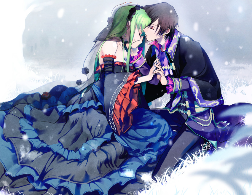 1boy 2021 black_flower black_pants black_sleeves blue_dress brown_hair c.c. closed_eyes closed_mouth code_geass code_geass:_fukkatsu_no_lelouch couple dated detached_sleeves dress female flower green_hair grey_dress hair_flower hair_ornament head_wreath highres holding_hands kneeling layered_dress layered_sleeves lelouch_vi_britannia long_dress long_hair long_sleeves md5_mismatch noppo outdoors pants red_sleeves short_hair signature sleeveless sleeveless_dress smile snowing straight strapless strapless_dress two-tone_dress veil wide_sleeves