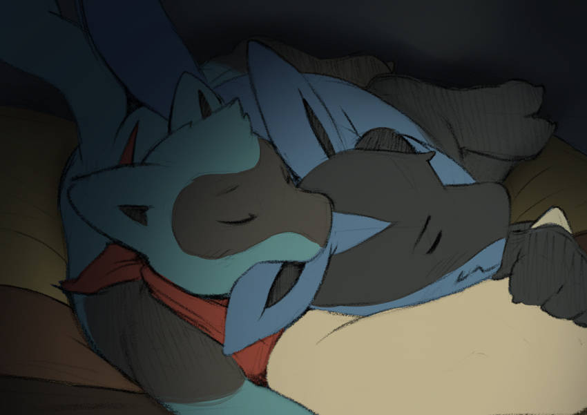 2020 anthro bandana bite blue_body blue_fur canid canine closed_eyes conditional_dnp cuddling dacad duo ear_bite ear_nibble fur generation_4_pokemon inside kerchief lucario lying male male/male mammal max_(dacad) nintendo on_side pokemon pokemon_(species) riolu sleeping