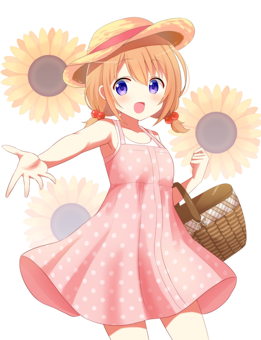 :d basket commentary_request dress female flower furutori gochuumon_wa_usagi_desu_ka? hair_ornament hat highres hoto_cocoa open_mouth orange_hair purple_eyes short_hair smile solo sun_hat sundress sunflower