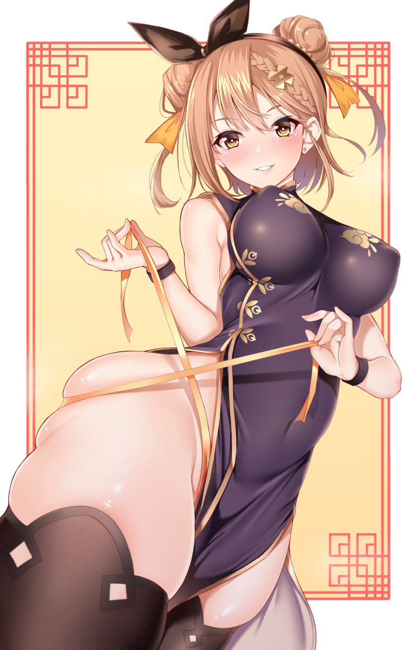 alternate_costume atelier_(series) atelier_ryza atelier_ryza_1 black_dress black_hairband blush breasts brown_hair brown_thighhighs china_dress chinese_clothes commentary_request covered_navel dress female hair_bun hairband highres kippuru large_breasts looking_at_viewer reisalin_stout short_hair single_hair_bun sleeveless sleeveless_dress smile solo thick_thighs thighhighs thighs yellow_eyes