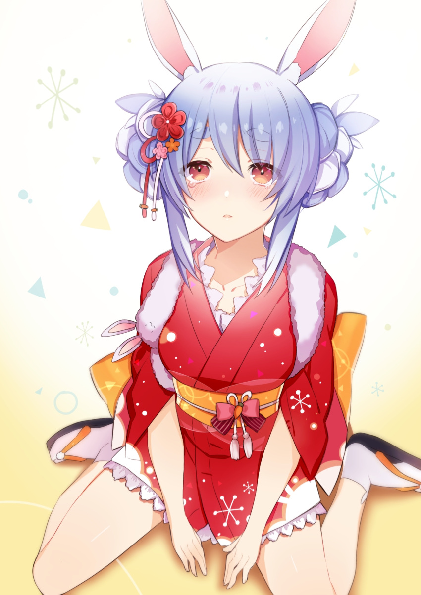 animal_ear_fluff animal_ears bad_id bad_pixiv_id blue_hair blush commentary_request don-chan_(usada_pekora) female frilled_kimono frills full_body geta highres hikimayu hololive japanese_clothes kimono long_hair looking_away md5_mismatch multicolored_hair obi obijime official_alternate_hairstyle orange_eyes parted_lips rabbit_ears rabbit_girl rabbit_tail red_eyes red_kimono sash short_eyebrows short_kimono sitting socks solo tabi tail tasuki tearing_up two-tone_hair uehara_(dormmmmir_) usada_pekora usada_pekora_(new_year) virtual_youtuber wariza white_footwear white_hair white_socks