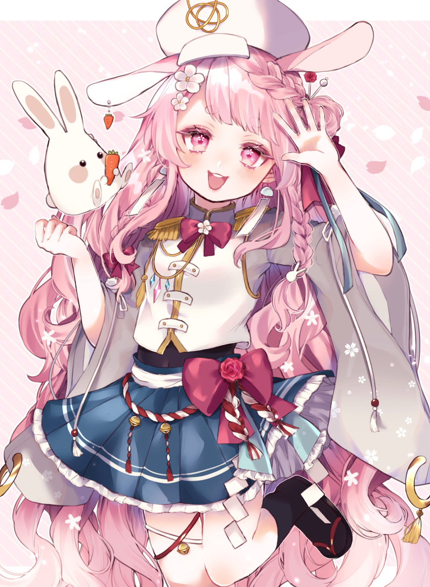 :d absurdres animal_ears animal_on_shoulder bad_id bad_pixiv_id bell blue_skirt blush bow bowtie braid brooch carrot commentary daisy earrings female flat_cap flat_chest flower foot_out_of_frame french_braid gold_trim hair_flower hair_ornament hand_up hat highres indie_virtual_youtuber jewelry jingle_bell long_hair open_mouth petticoat pink_eyes pink_hair pleated_skirt rabbit rabbit_ears red_bow red_bowtie red_flower red_ribbon red_rose rem_(vtuber) ribbon rope rose sandals shimenawa skirt sleeves_past_elbows smile solo standing standing_on_one_leg tassel tassel_earrings tilted_headwear very_long_hair vest virtual_youtuber white_flower white_hat white_ribbon white_vest wide_sleeves youtan