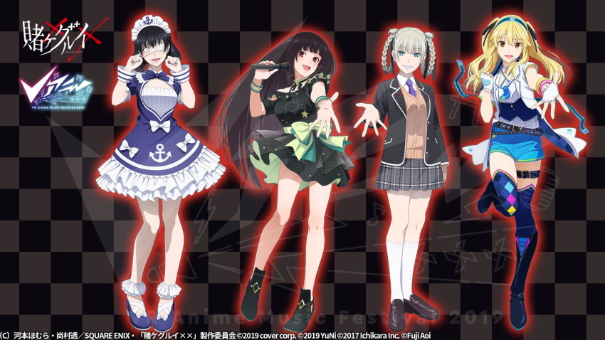 4girls alternate_costume anchor_print anchor_symbol aoi_ch. bell belt belt_buckle black_dress black_footwear black_hair blonde_hair blue_dress blue_footwear blue_shorts blue_thighhighs blunt_bangs boots bracelet braid braided_hair_rings breasts buckle checkered_background cleavage cleavage_cutout clenched_hand clothing_cutout commentary_request copyright_name copyright_notice cosplay costume_switch crossover dated detached_sleeves dress eyepatch fingerless_gloves fuji_aoi fuji_aoi_(cosplay) gloves hair_ribbon heart highres higuchi_kaede higuchi_kaede_(cosplay) holding holding_microphone hololive ikishima_midari jabami_yumeko jewelry kakegurui knees large_breasts leg_belt logo long_hair looking_at_viewer maid_headdress medium_breasts medium_hair microphone minato_aqua minato_aqua_(1st_costume) minato_aqua_(cosplay) miniskirt momobami_kirari multiple_crossover multiple_girls nijisanji official_art piercing reaching reaching_towards_viewer red_eyes ribbon ring saotome_mary shoes shorts skirt thighhighs thighs thumb_ring twin_braids twintails virtual_youtuber watermark white_gloves white_hair white_headdress yuni_(yuni_channel) yuni_(yuni_channel)_(cosplay) yuni_channel