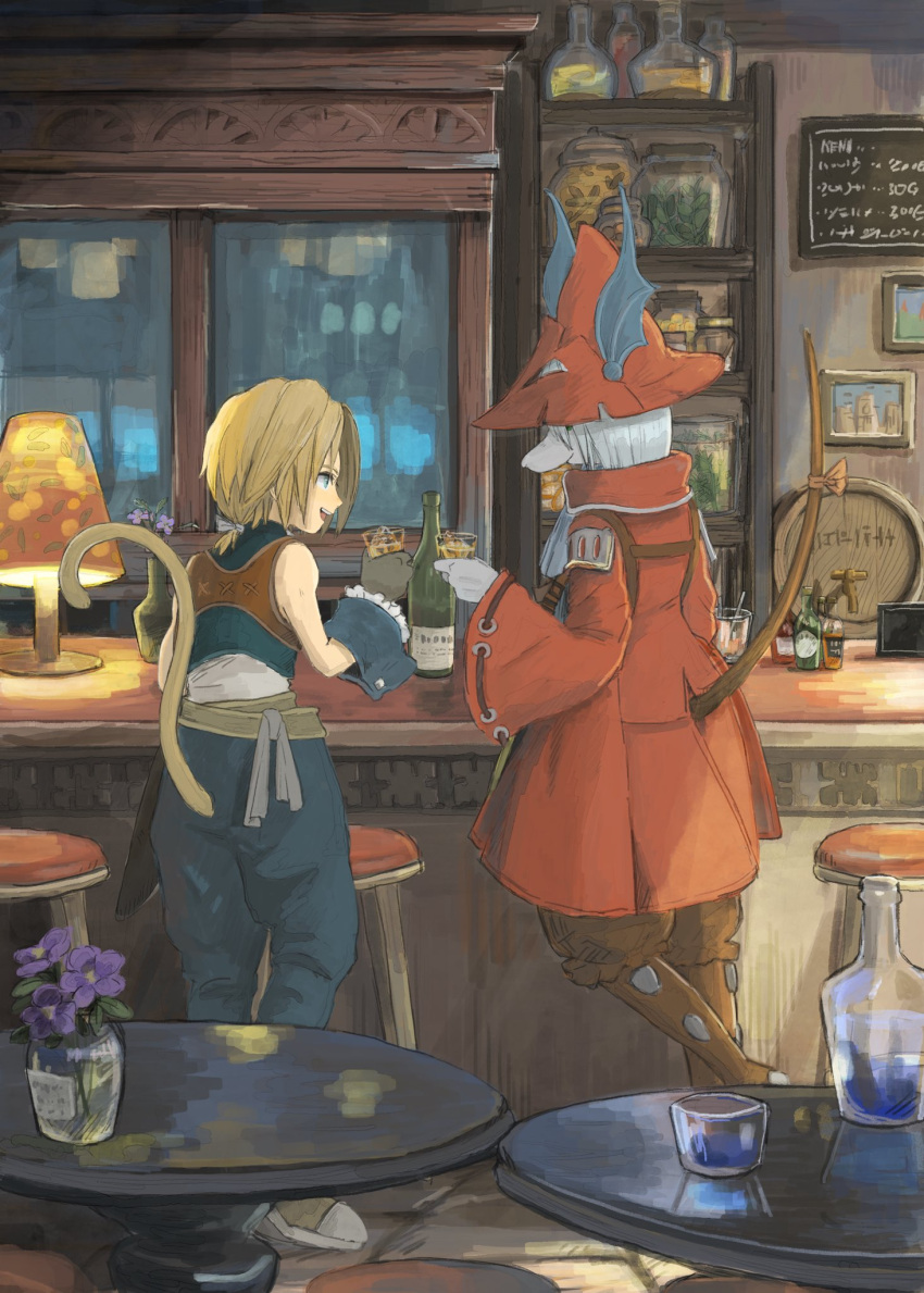 alcohol anthro bar bar_stool beverage blonde_hair blue_eyes bread burmecian clothing container drinking duo female final_fantasy final_fantasy_ix flower food freya_crescent fur furniture genome_(final_fantasy) glass glass_container hair haplorhine hat headgear headwear hi_res humanoid inside lamp male mammal medium_hair monkey murid murine plant ponytail primate raised_tail rat rodent smile snout soraoyogusakana square_enix standing stool table tail tailed_humanoid toast white_body white_fur white_hair zidane_tribal