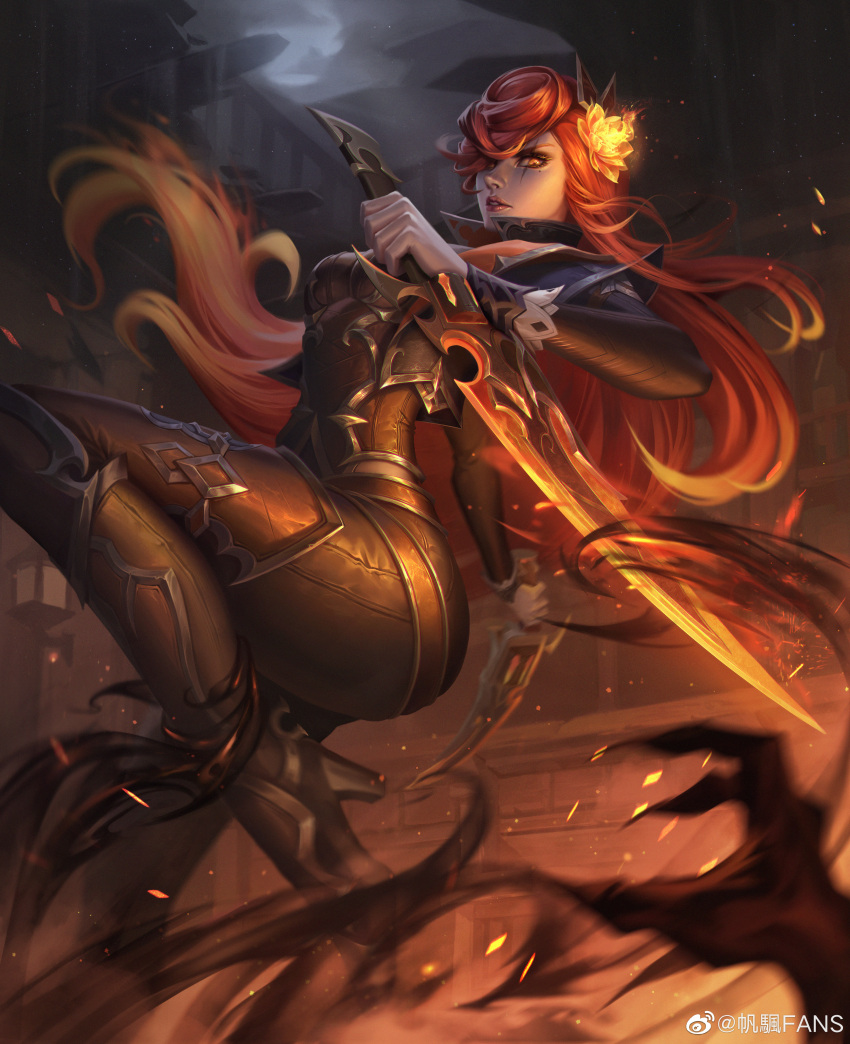 1other absurdres black_footwear boots dagger fan_fan_fans female fire floating_hair flower fog full_body glowing glowing_flower hair_flower hair_ornament high_heel_boots high_heels high_noon_katarina highres holding holding_dagger holding_knife holding_weapon katarina_(league_of_legends) knife league_of_legends long_hair looking_at_viewer mole mole_under_eye moon night night_sky official_alternate_costume official_alternate_hairstyle orange_hair outdoors parted_lips red_eyes reverse_grip serious sky solo_focus thighs weapon