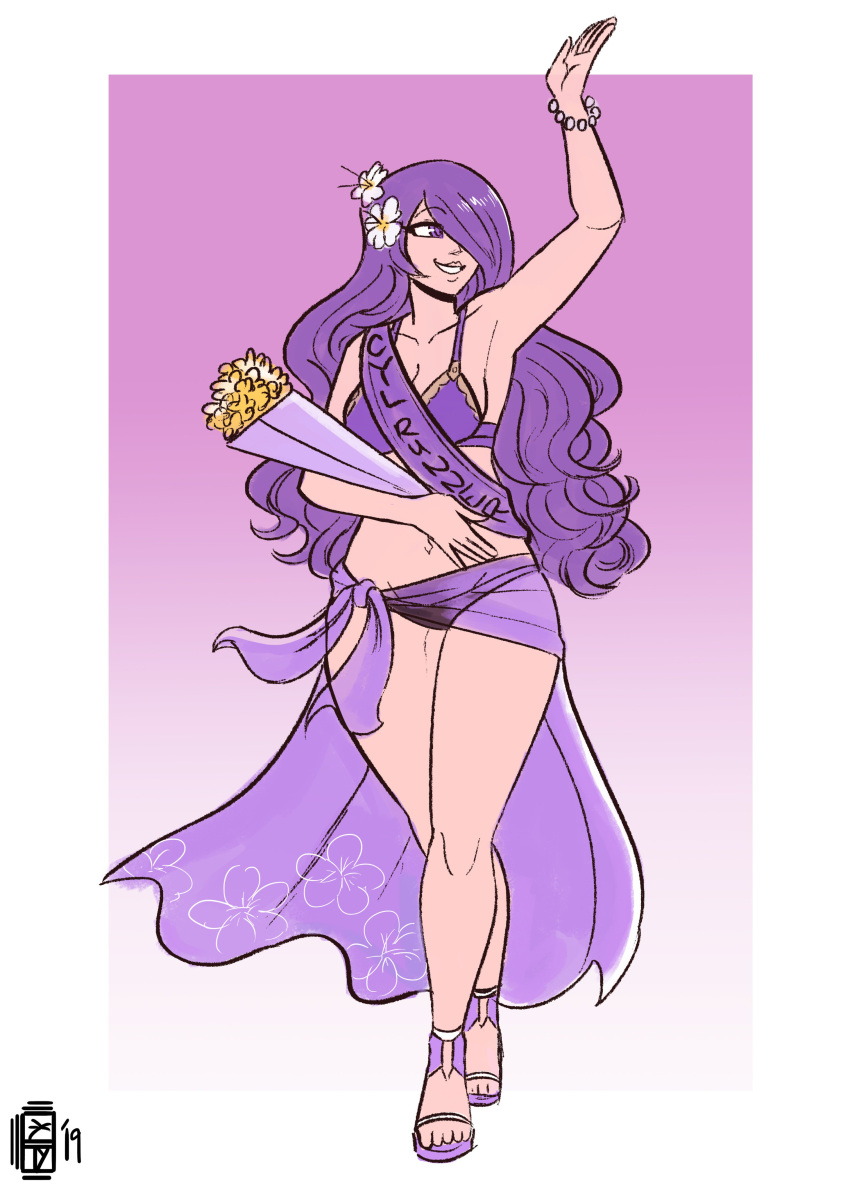 2019 absurdres arm_up bikini bouquet breasts camilla_(fire_emblem) camilla_(summer)_(fire_emblem) cleavage collarbone curvy english_commentary english_text female fire_emblem fire_emblem_fates fire_emblem_heroes floral_print flower full_body gradient_background hair_flower hair_ornament hair_over_one_eye high_heels highres holding holding_bouquet long_hair looking_to_the_side medium_breasts navel official_alternate_costume purple_background purple_bikini purple_eyes purple_hair purple_sarong ribbon sarong scruffyturtles see-through see-through_sarong signature smile solo swimsuit walking waving wavy_hair