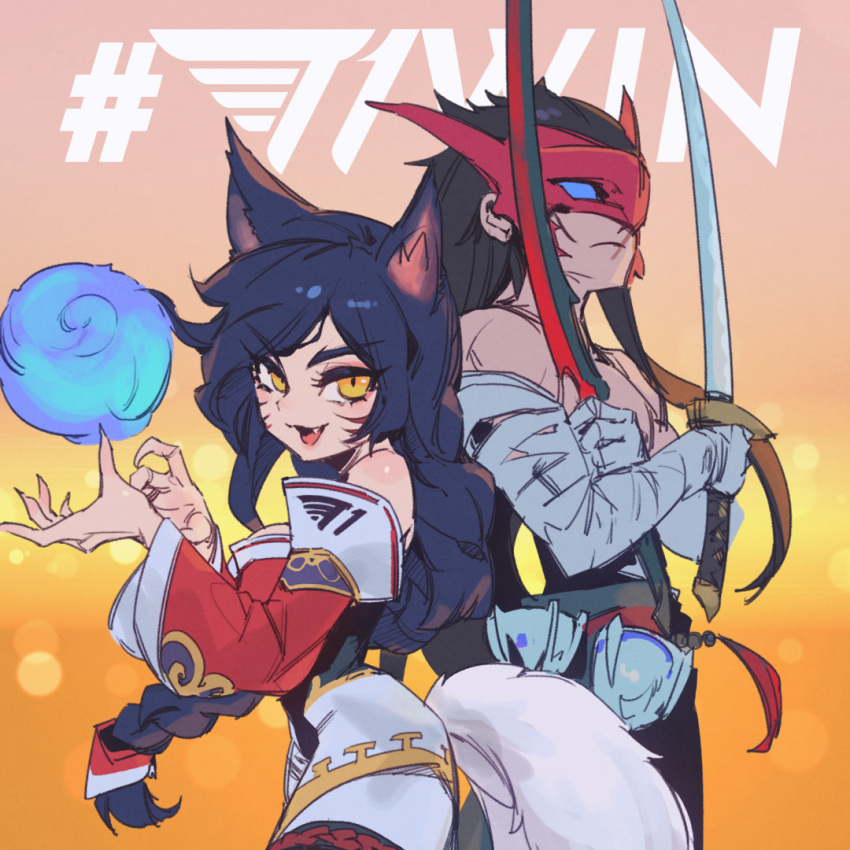 1boy ahri_(league_of_legends) animal_ears black_hair closed_mouth esports_apparel facial_mark female fox_ears fox_girl fox_tail holding holding_sword holding_weapon league_of_legends long_hair long_sleeves looking_at_viewer oerba_yun_fang open_mouth phantom_ix_row smile standing sword t1_(esports) tail v-shaped_eyebrows weapon whisker_markings wide_sleeves worlds_2023 yellow_eyes yone_(league_of_legends)