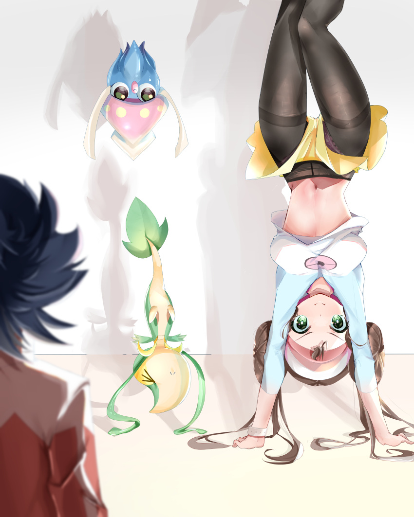 >_< 1boy absurdres black_eyes black_pantyhose blue_hair breasts brown_hair commentary_request double_bun doughnut_hair_bun feet_out_of_frame female green_eyes hair_bun handstand highres hugh_(pokemon) inkay leaf midriff momdy_(talesshinja) navel panties pantyhose pokemon pokemon_(creature) pokemon_bw2 rosa_(pokemon) shadow snivy squid thigh_gap underwear upside-down visor_cap