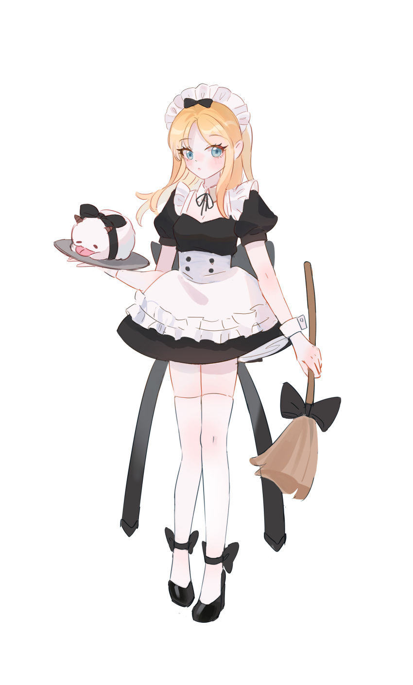 absurdres alternate_costume apron black_bow black_dress black_footwear bow breasts broom dress enmaided female footwear_bow full_body hairbow highres holding holding_broom holding_tray kui_ji_jiang league_of_legends long_hair lux_(league_of_legends) maid maid_headdress medium_breasts neck_ribbon pointy_ears poro_(league_of_legends) puffy_short_sleeves puffy_sleeves ribbon short_sleeves simple_background solo thighhighs tray waist_apron white_apron white_background white_thighhighs wrist_cuffs zettai_ryouiki