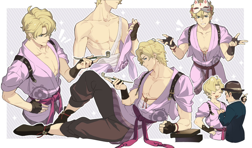 2boys abs bandages black_gloves black_pants blonde_hair blue_eyes closed_eyes closed_mouth facial_hair fingerless_gloves gloves gyakuten_saiban hand_on_own_hip herlock_sholmes highres holding holding_smoking_pipe japanese_clothes kitto_ha male_focus mask moustache mouth_mask multiple_boys multiple_views nipples official_alternate_costume open_mouth pants pectorals smoking_pipe sparkle tasuki the_great_ace_attorney toned toned_male yujin_mikotoba