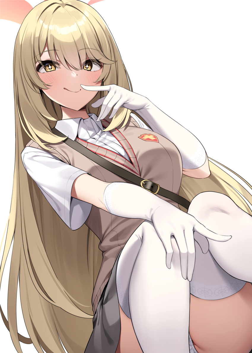 absurdres blonde_hair blue_archive blush breasts brown_sweater_vest closed_mouth elbow_gloves emblem female gloves grey_skirt halo highres large_breasts licking_lips long_hair looking_at_viewer school_emblem school_uniform shirt shokuhou_misaki short_sleeves sitting skirt smile solo sparkling_eyes spider_web_print suiroh_(shideoukami) summer_uniform sweater_vest symbol-shaped_pupils thighhighs thighs toaru_kagaku_no_railgun toaru_majutsu_no_index tokiwadai_school_uniform tongue tongue_out very_long_hair white_gloves white_shirt white_thighhighs yellow_eyes