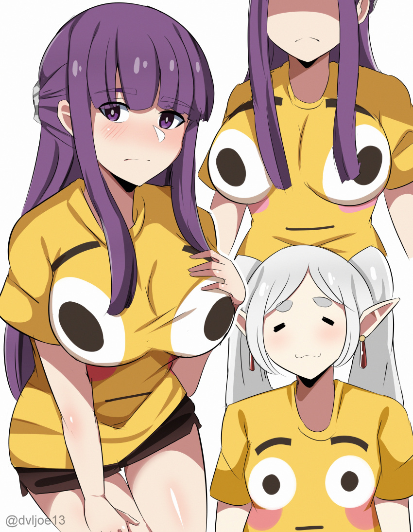 2girls :3 absurdres alternate_costume artist_name black_shorts blunt_bangs blush breasts bright_pupils closed_eyes closed_mouth commentary_request dvljoe earrings elf fern_(sousou_no_frieren) frieren highres jewelry large_breasts long_hair looking_at_viewer multiple_girls multiple_views pointy_ears purple_eyes purple_hair shirt shorts simple_background small_breasts sousou_no_frieren straight_hair t-shirt twintails upper_body very_long_hair white_background white_hair yellow_shirt