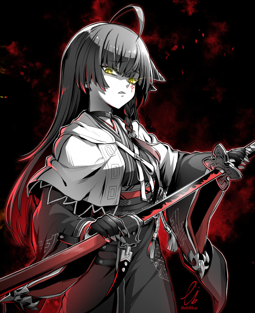 ahoge braid commission ebiblue facial_mark female gesugao greyscale highres holding holding_sword holding_weapon initial japanese_clothes katana kimono long_hair monochrome original sheath skeb_commission solo spot_color sword twitter_username unsheathing weapon wide_sleeves yellow_eyes