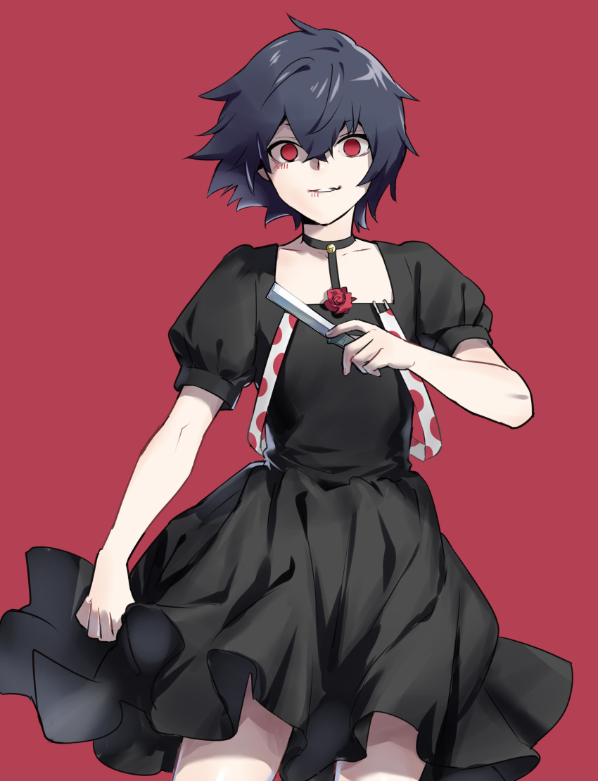 1boy absurdres black_dress collarbone contrapposto cowboy_shot dress flower hair_between_eyes hand_up highres holding holding_knife knife looking_at_viewer male_focus otoko_no_ko puffy_short_sleeves puffy_sleeves red_background red_eyes red_flower red_rose rose shiromi_(ringo) short_hair short_sleeves simple_background smile solo stitches suspenders suzuya_juuzou teeth tokyo_ghoul tokyo_ghoul:re